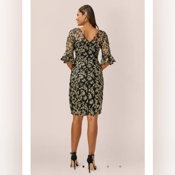 Adrianna Papell Black Gold Metallic Embroidered Sheath Dress 4 - Picture 3 of 14